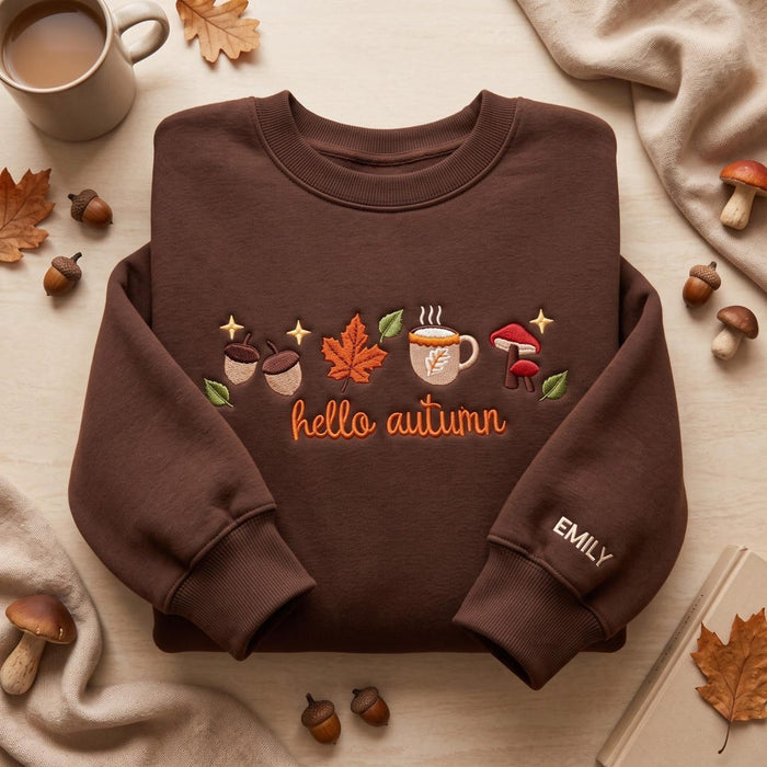 Personalized Hello Autumn Acorn Maple Leaf Coffee Mushroom Sleeve Name Embroidered Sweatshirt