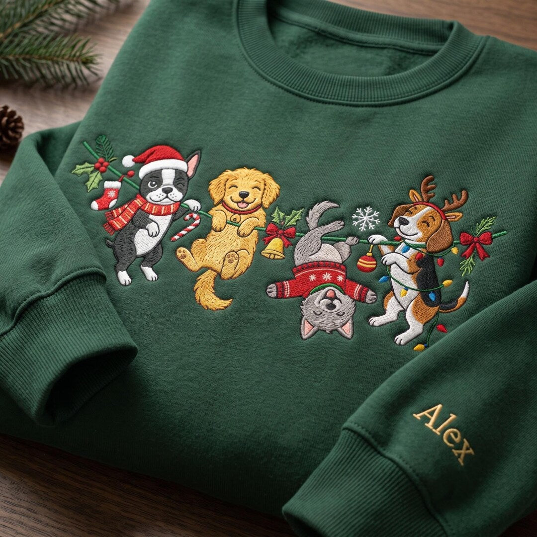 Personalized Christmas Dogs Hanging Garland Santa Reindeer Lights embroidered sweatshirt — front view