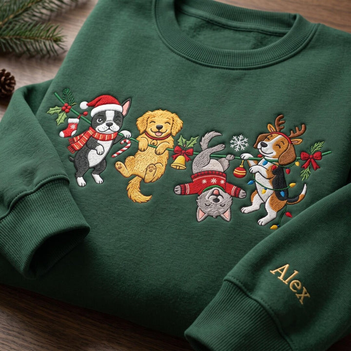 Personalized Christmas Dogs Hanging Garland Santa Reindeer Lights embroidered sweatshirt — front view