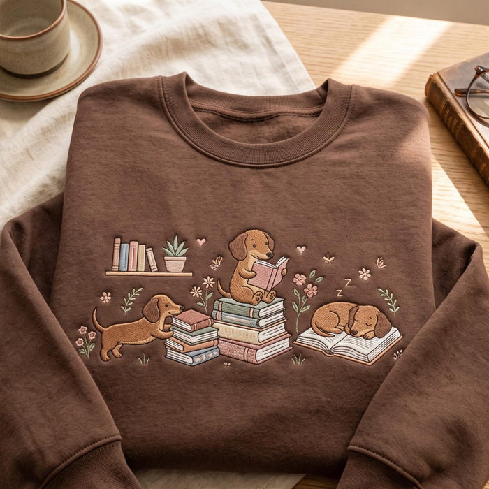 Dachshund Reading Books Floral Bookworm Wiener Dog Three Scenes Embroidered Sweatshirt