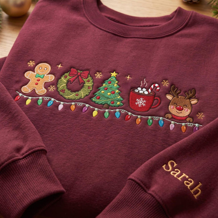 Personalized Christmas Gingerbread Reindeer Wreath Tree Hot Cocoa String Lights Custom Name Embroidered Sweatshirt