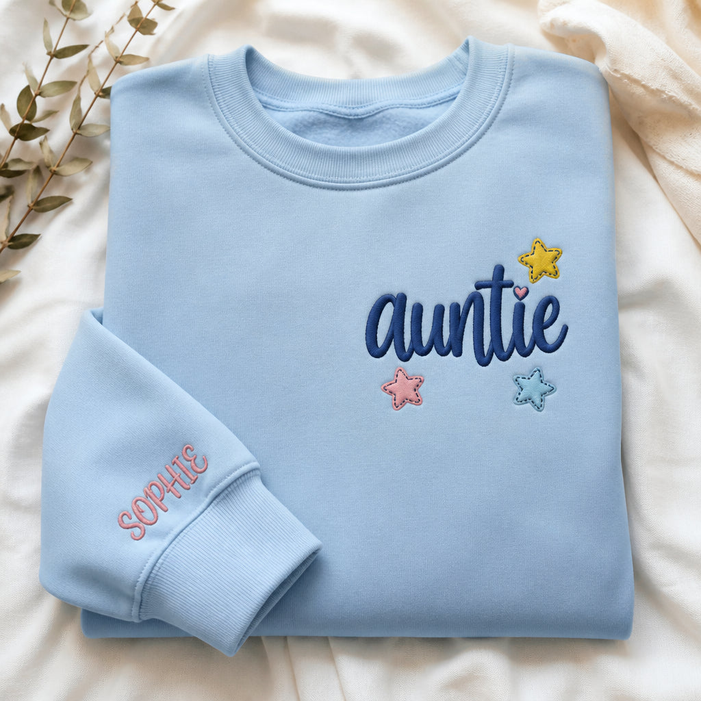 Personalized Auntie Bold Script Stars Left Chest embroidered sweatshirt — front view