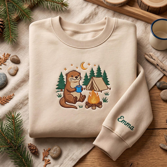 Personalized Otter Camping Campfire Forest Tent Moon Stars Embroidered Sweatshirt