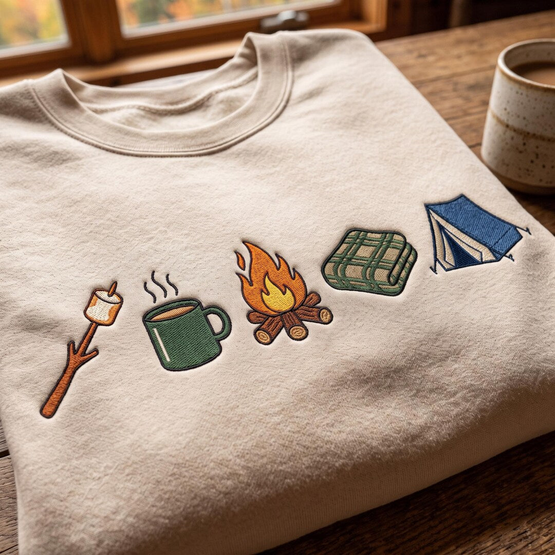 Camping Marshmallow Campfire Coffee Mug Blanket Tent embroidered sweatshirt — front view