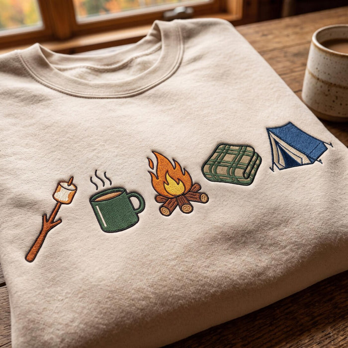 Camping Marshmallow Campfire Coffee Mug Blanket Tent Embroidered Sweatshirt
