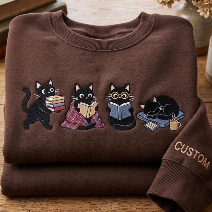 Personalized Bookworm Black Cat Reading Book Lover Custom Name Embroidered Sweatshirt