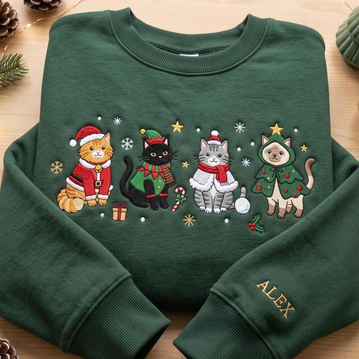 Personalized Christmas Cats Santa Elf Scarf Tree Costume Holiday embroidered sweatshirt — front view