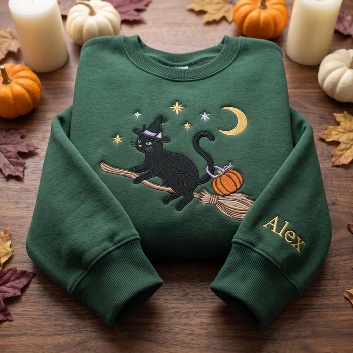 Personalized Halloween Black Cat Witch Hat Broomstick Pumpkin Moon Stars Embroidered Sweatshirt