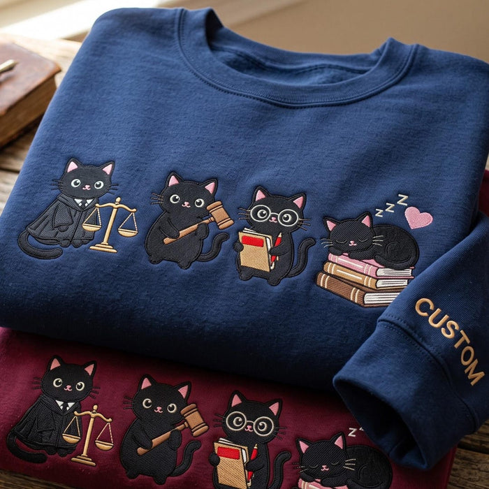 Personalized Lawyer Judge Attorney Black Cat Scales Gavel Books Embroidered Sweatshirt