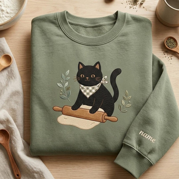 Personalized Black Cat Baker Rolling Pin Herbs Embroidered Sweatshirt