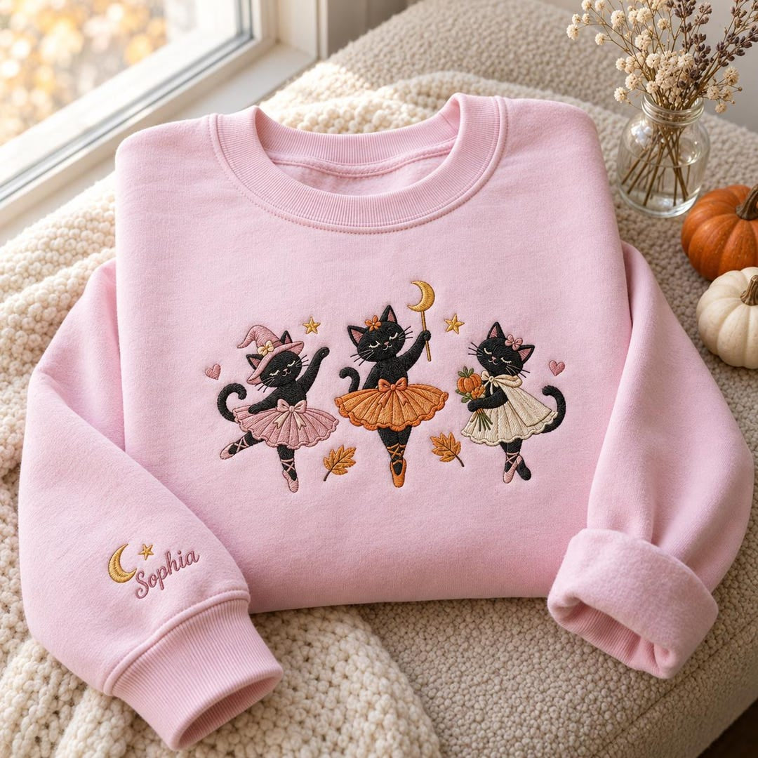 Personalized Halloween Ballerina Black Cat Trio Witch Pumpkin Fall Leaves Name on Sleeve embroidered sweatshirt — front view