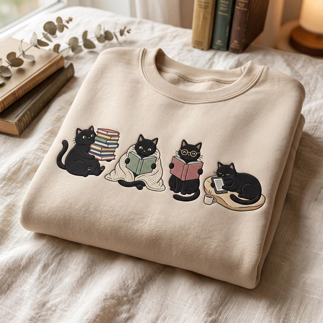 Black Cat Book Lover Reading Four Scenes Cozy embroidered sweatshirt — front view