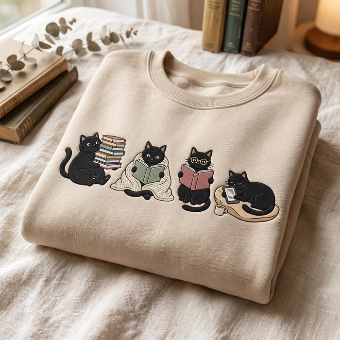 Black Cat Book Lover Reading Four Scenes Cozy Embroidered Sweatshirt