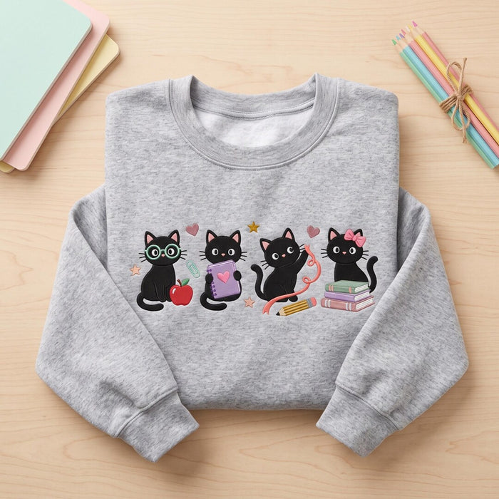 Personalized Teacher Black Cat Four Cats School Supplies Apple Books Pencil Embroidered Hoodie