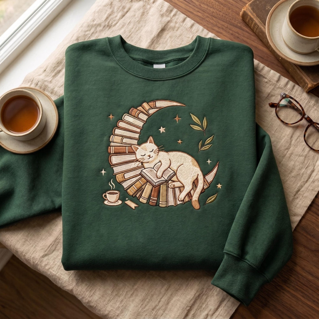 Personalized Cat Sleeping Book Moon Coffee Cup Stars Leaves Custom Name embroidered hoodie — front view
