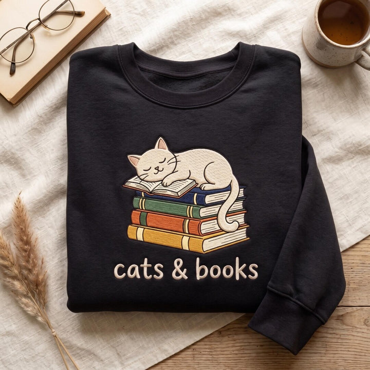 Personalized Cat Sleeping on Stack of Books Cats & Books Custom Name embroidered hoodie — front view