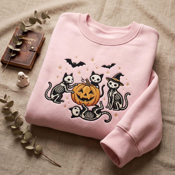 Halloween Skeleton Cats Jack O Lantern Bats Witch Hat Custom Name Embroidered Sweatshirt