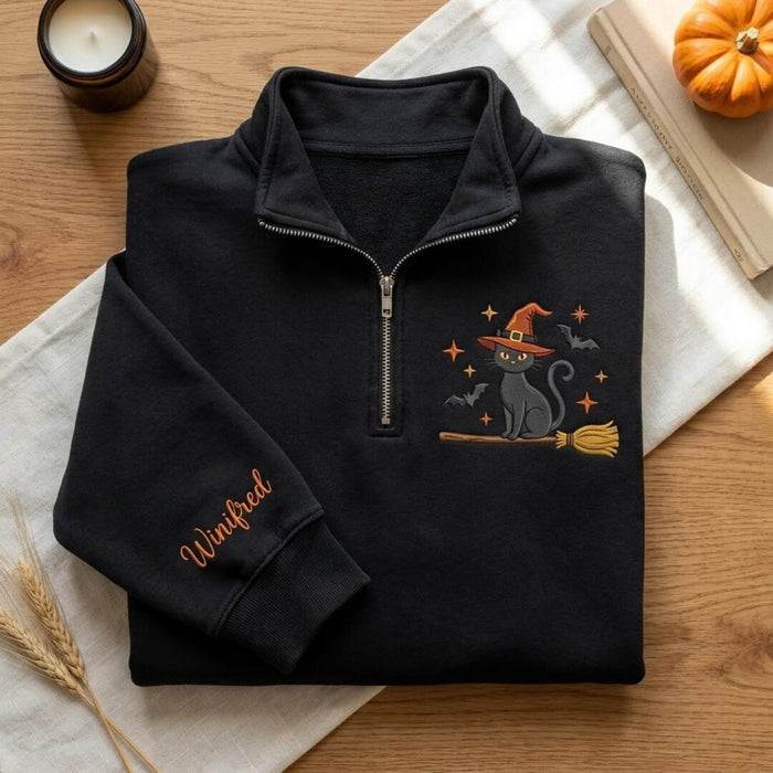 Personalized Halloween Black Cat Witch Hat Broomstick Bats Stars Embroidered Sweatshirt