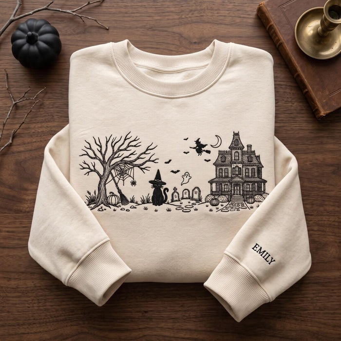 Personalized Halloween Haunted House Black Cat Witch Ghost Spooky Scene Sleeve Name Embroidered Sweatshirt