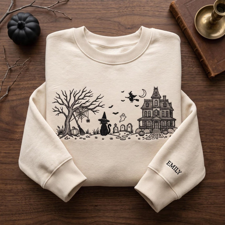 Personalized Halloween Haunted House Black Cat Witch Ghost Spooky Scene Sleeve Name embroidered sweatshirt — front view