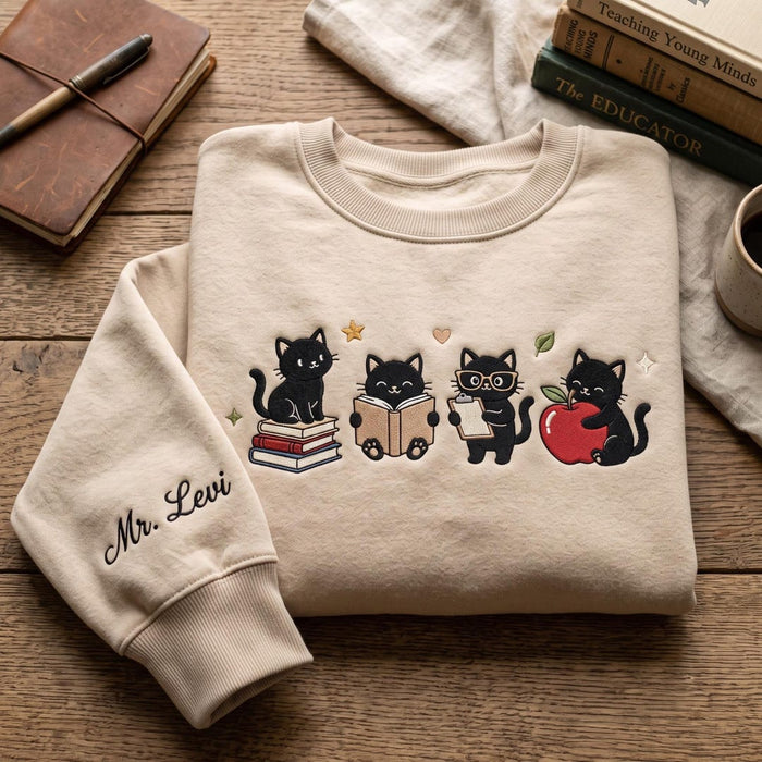 Personalized Teacher Black Cat Reading Book Apple Clipboard Four Cats Custom Name Embroidered Sweatshirt