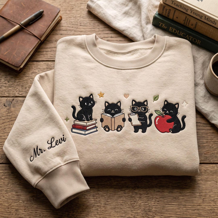 Personalized Teacher Black Cat Reading Book Apple Clipboard Four Cats Custom Name embroidered sweatshirt — front view
