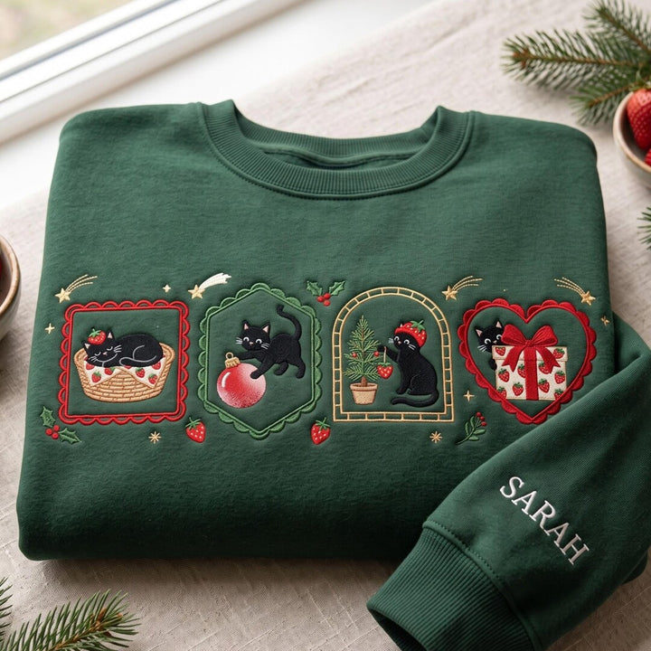 Personalized Black Cat Christmas Strawberry Four Scenes Custom Name embroidered sweatshirt — front view