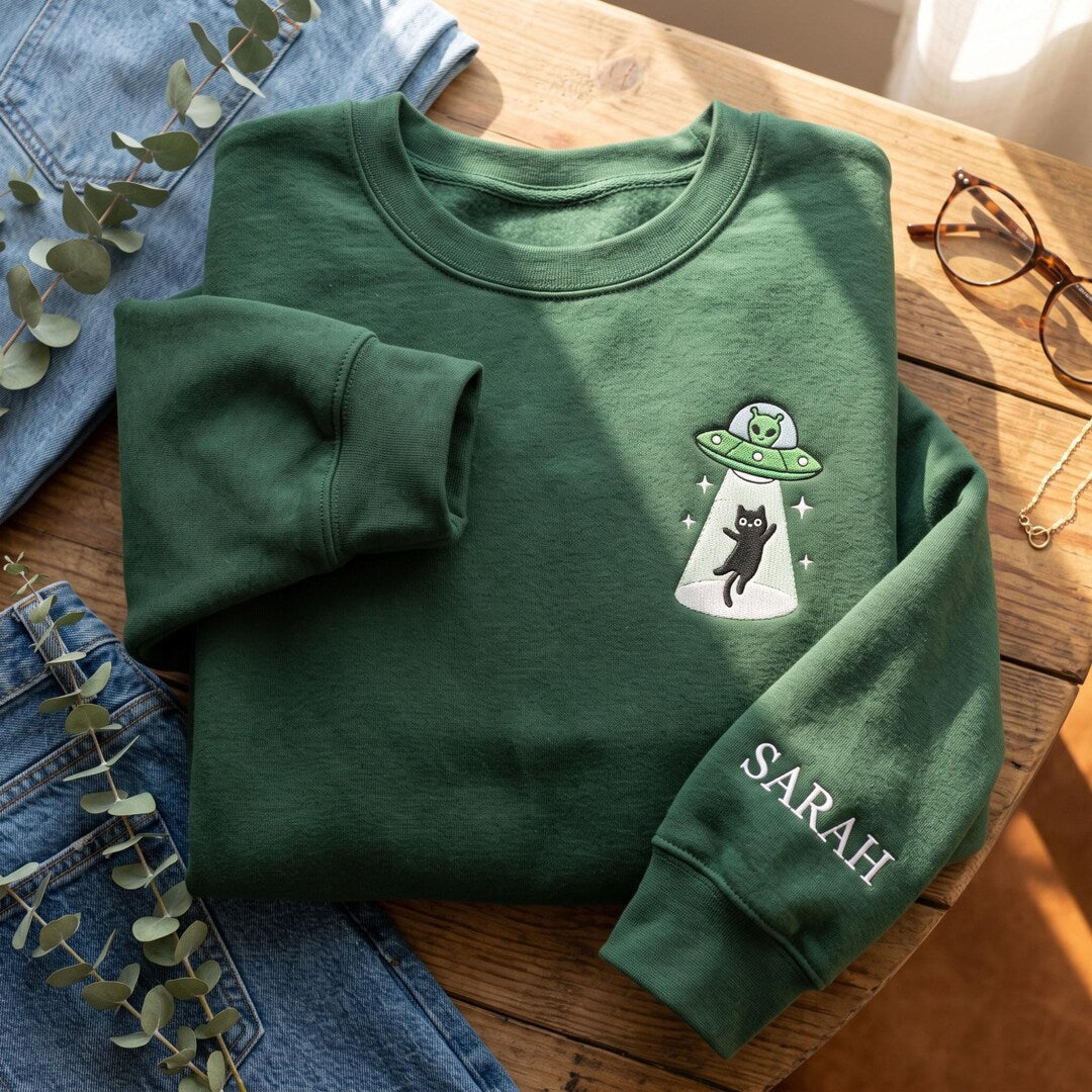 Personalized Alien Ufo Abduction Black Cat Sparkle Left Chest Custom Name Sleeve embroidered sweatshirt — front view