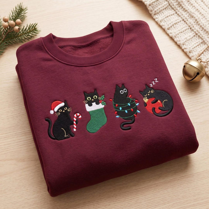 Black Cat Christmas Four Scenes Santa Hat Stocking Lights Ornament Embroidered Sweatshirt