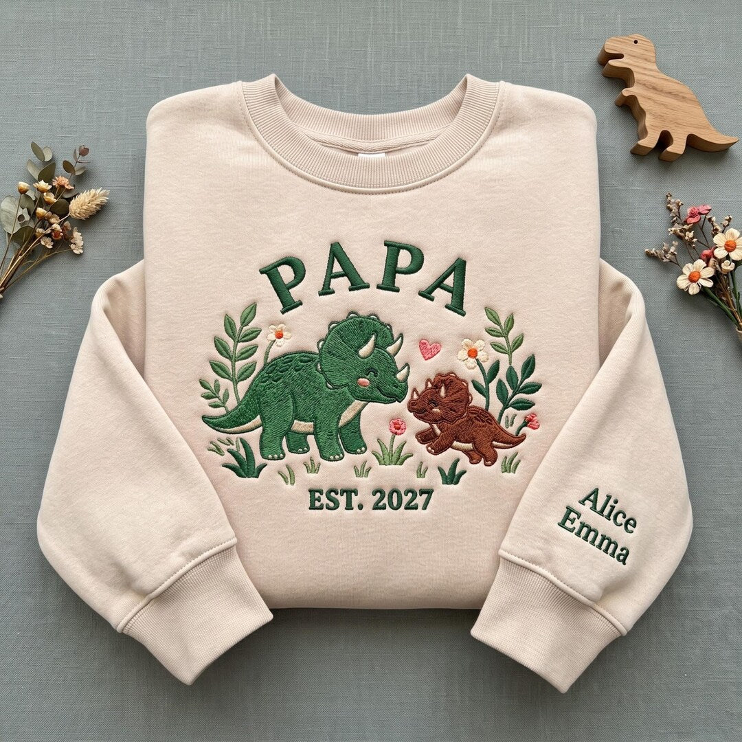Personalized Papa Triceratops Dinosaur Kids Names on Sleeve EST Floral embroidered sweatshirt — front view