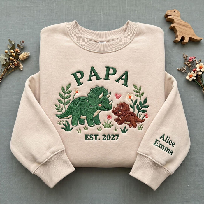 Personalized Papa Triceratops Dinosaur Kids Names on Sleeve EST Floral Embroidered Sweatshirt