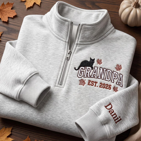 Personalized Grandpa Black Cat Fall Maple Leaves EST 2026 Kids Names Sleeve embroidered sweatshirt — front view