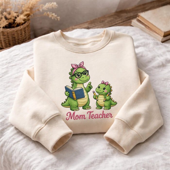 Personalized Dinosaur Mom Teacher Book Pencil Cute Embroidered Sweatshirt