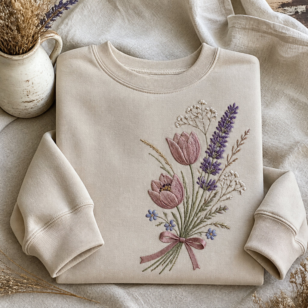Wildflower Garden Bouquet Tossed Left Chest Botanical embroidered sweatshirt — front view