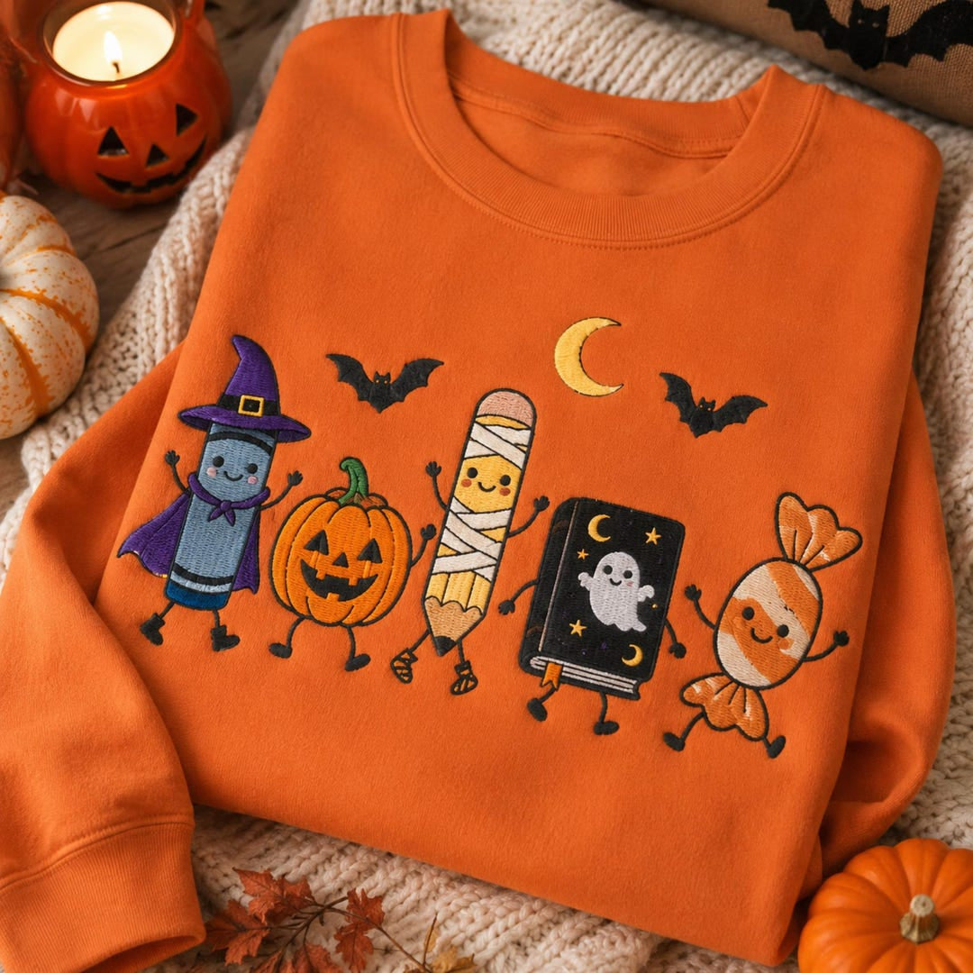Halloween Teacher Pencil Pumpkin Mummy Book Candy Spooky Cute embroidered sweatshirt — front view