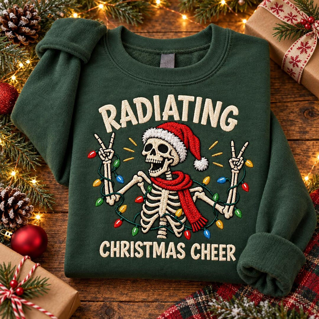 Skeleton Santa Hat Scarf Christmas Lights Peace Sign Radiating Christmas Cheer embroidered sweatshirt — front view