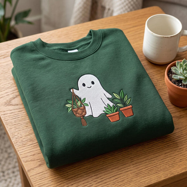Halloween Ghost Plant Mom Macrame Hanging Pot Cute Ghost embroidered sweatshirt — front view