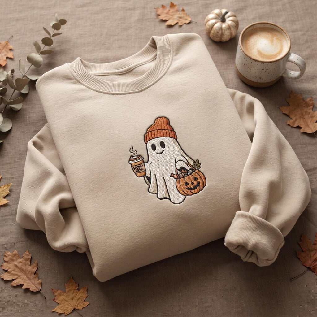 Personalized Halloween Ghost Beanie Hat Spooky Brew Coffee Pumpkin Candy embroidered sweatshirt — front view