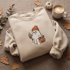 Personalized Halloween Ghost Beanie Hat Spooky Brew Coffee Pumpkin Candy embroidered sweatshirt — front view