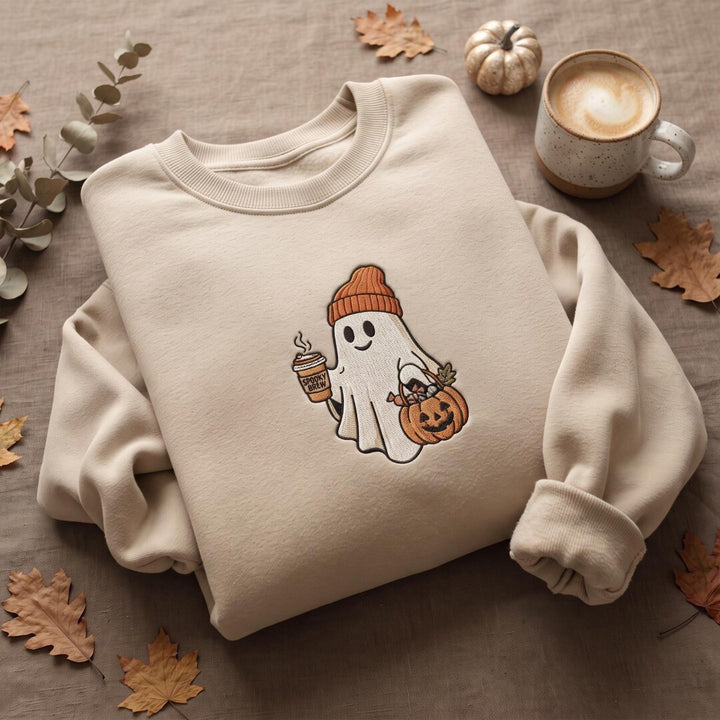 Personalized Halloween Ghost Beanie Hat Spooky Brew Coffee Pumpkin Candy embroidered sweatshirt — front view