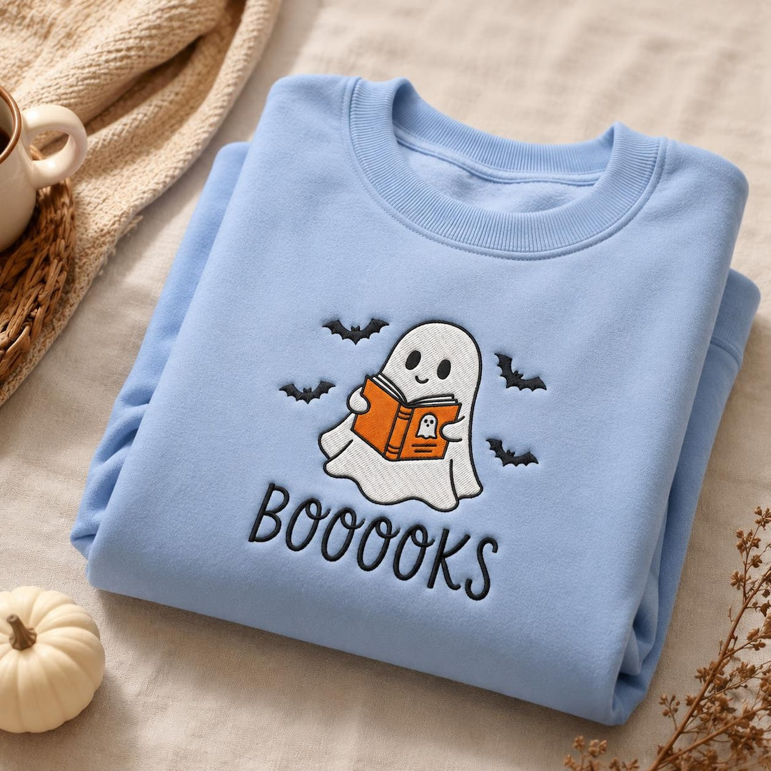 Halloween Ghost Reading Book Bats Booooks Custom Name embroidered sweatshirt — front view