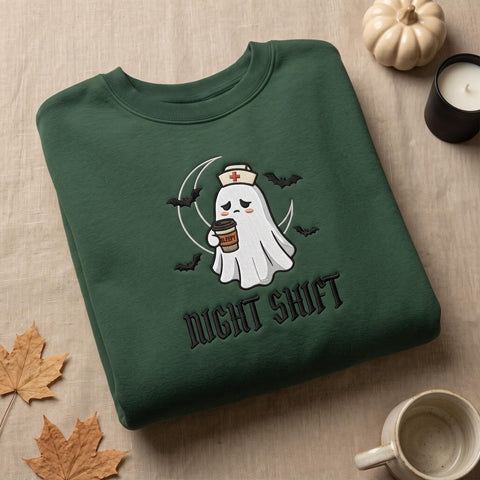Halloween Night Shift Ghost Nurse Coffee Bat Moon embroidered sweatshirt — front view