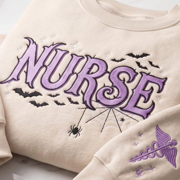 Halloween Nurse Gothic Bats Spider Web Caduceus Spooky Medical Embroidered Sweatshirt
