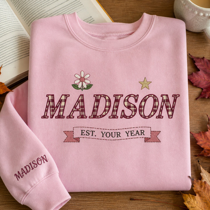 Personalized Serif Italic Plaid Letters College Custom embroidered sweatshirt — front view