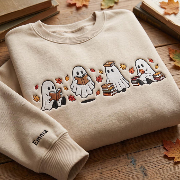 Personalized Halloween Four Ghosts Reading Books Autumn Leaves Sleeve Name Embroidered Sweatshirt