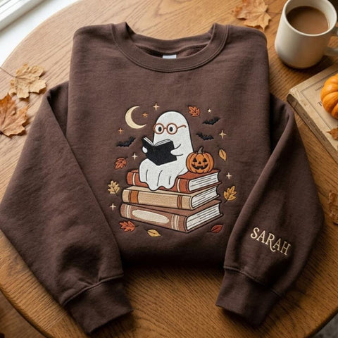 Personalized Halloween Ghost Reading Books Pumpkin Bats Autumn Leaves embroidered sweatshirt — front view