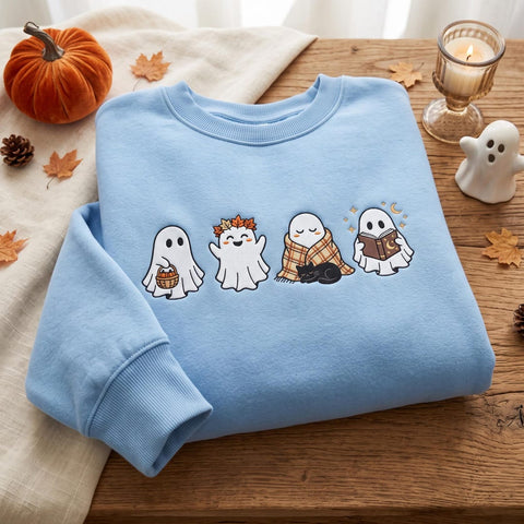 Halloween Four Cute Ghosts Autumn Leaves Pumpkin Basket Black Cat Cozy Blanket Book Reading embroidered sweatshirt — front view