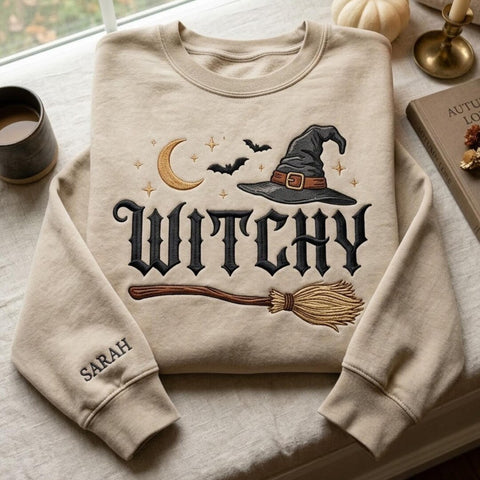 Personalized Witchy Halloween Witch Hat Broom Bats Moon Stars embroidered sweatshirt — front view