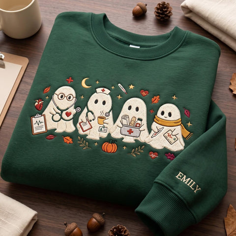 Personalized Halloween Ghost Nurse Medical Stethoscope Pumpkin Fall Custom Name embroidered sweatshirt — front view