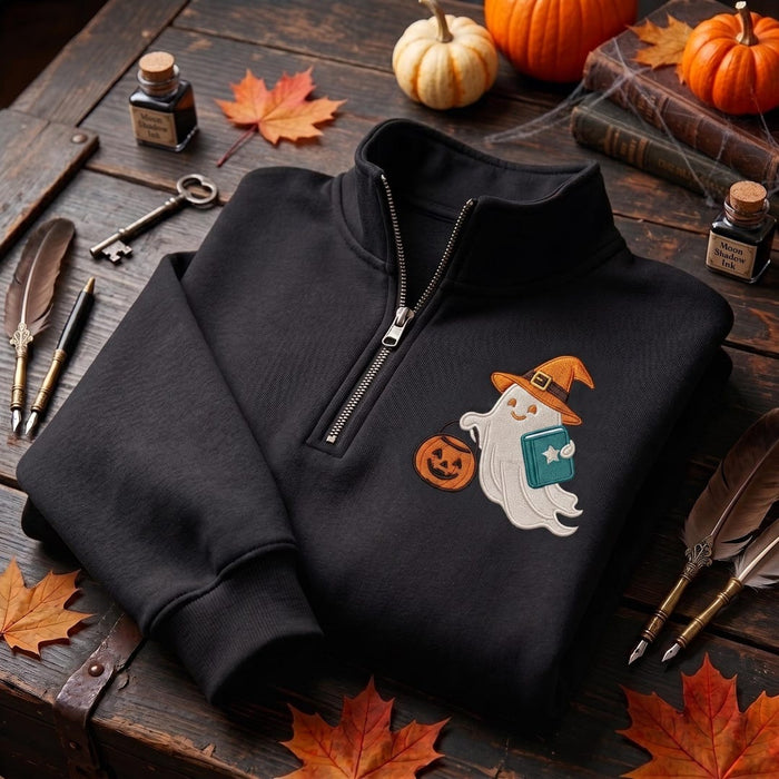 Personalized Halloween Ghost Witch Hat Pumpkin Bucket Book Left Chest Embroidered Quarter-Zip